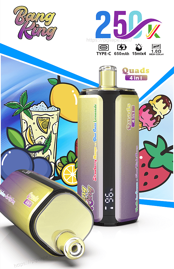 Vape mod with gradient purple to gold panels labeled Quads 4 in 1, standing upright next to a yellow e-liquid bottle, set against a vivid fruit and dessert illustration.