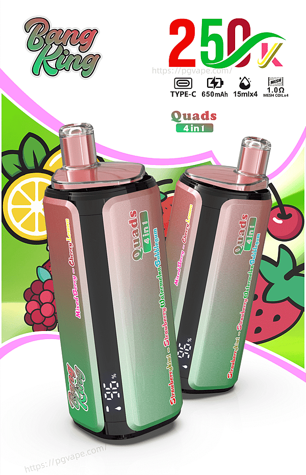 Three pink-topped vape pens with green gradient bodies labeled Quads 4 in 1, set against a background and Bang King logo