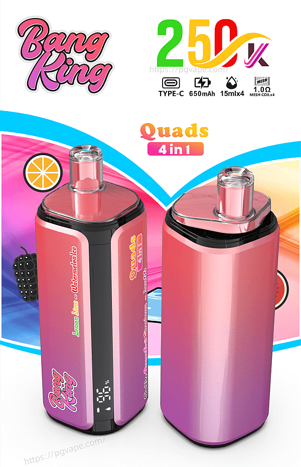 Two pink gradient quad vape devices in front of vibrant packaging with Bang King logo and Quads 4 in 1.