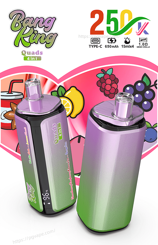 Two purple-to-green gradient vape devices with fruit-themed packaging against a pink fruit graphic and Bang King Quads 4 in 1 logo.