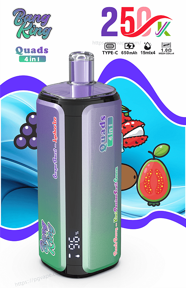Gradient purple-to-green vape mod with a purple tank and display labeled Quads 4 in 1, shown with fruit graphics.