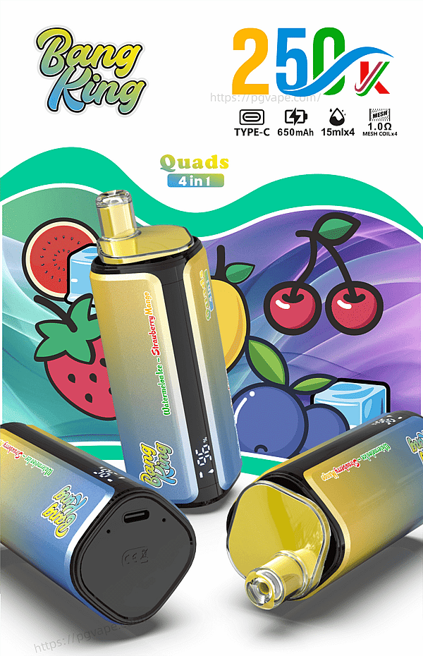 Bang King Quads 4 in 1 vape kit packaging featuring four colorful pod devices and fruit graphics.