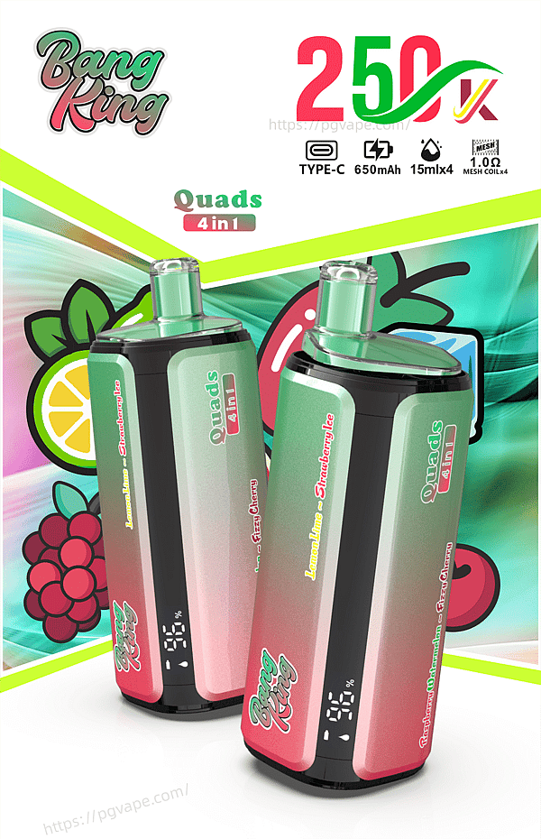 Bang King Quads 4in1 pod vape with lime-pink gradient bodies, two devices shown amid bright fruit graphics.