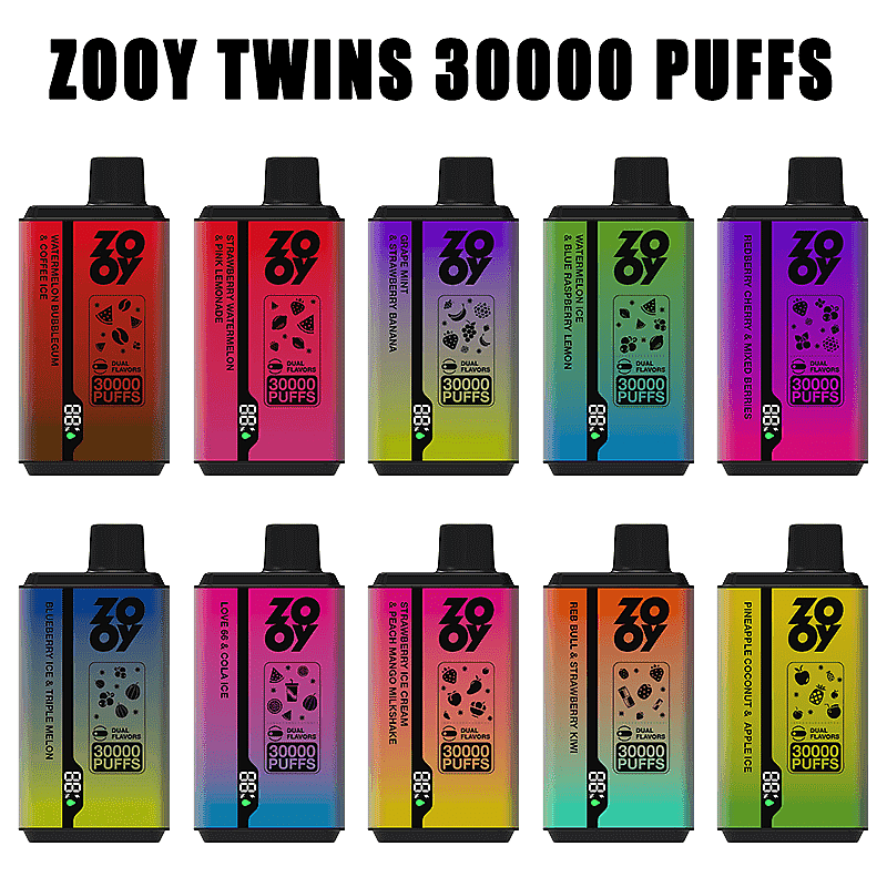 Deux rangées de douze appareils de vapotage jetables Zooy Twins colorés avec des finitions dégradées, des étiquettes de saveur et de petites icônes, chacun marqué " 30 000 PUFFS ", disposés sous un en-tête en gras indiquant ZOOY TWINS 30 000 PUFFS.