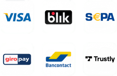 Sei tessere bianche quadrate arrotondate disposte su due file su uno sfondo scuro, ciascuna contenente un logo di pagamento: Visa, blik, SEPA, giropay, Bancontact e Trustly.
