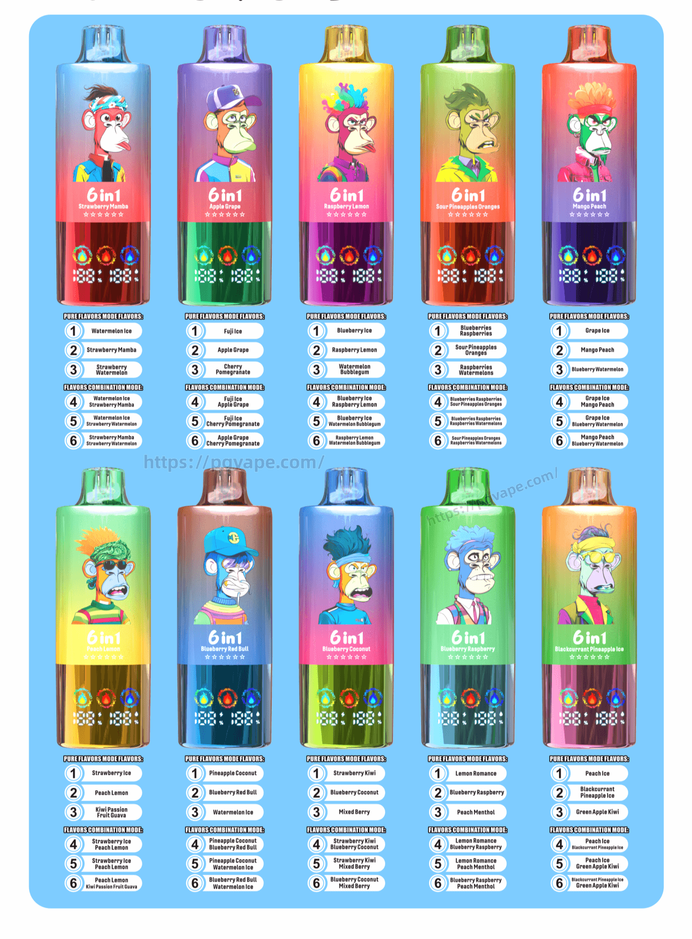 Poster-style grid of twelve colorful gradient disposable vape devices on a light-blue background, each featuring a stylized cartoon ape head, a prominent "6in1" label, digital-style indicator icons near the base and small printed lists of six flavor names beneath each device.