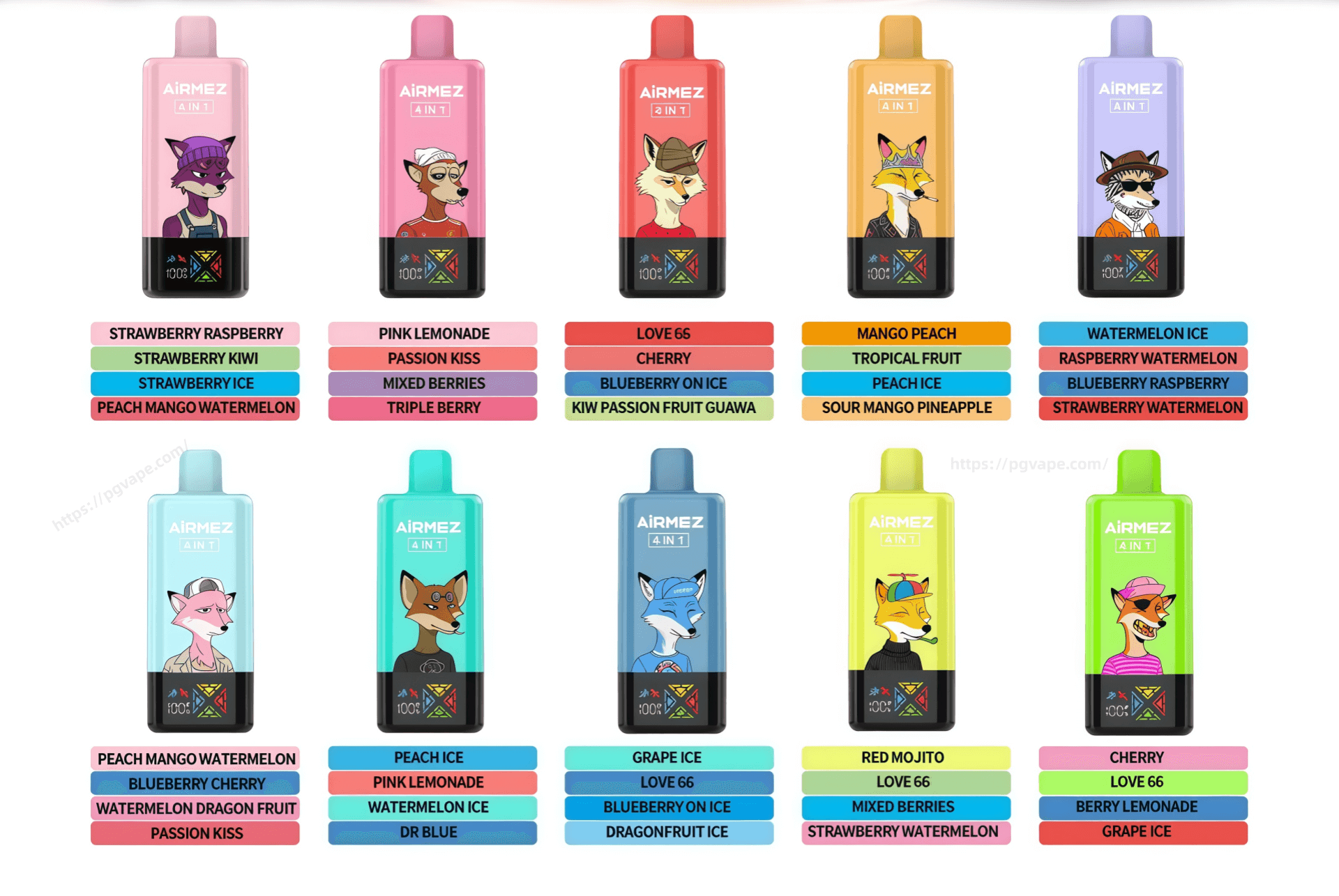 Grid of twelve colorful AirMez disposable vape devices in pastel hues, each printed with a stylized anthropomorphic fox character and paired with stacked labels beneath showing various fruit and ice flavor names (e.g., strawberry raspberry, mango peach, blueberry ice).