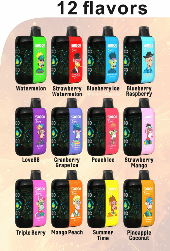 Poster titled "12 flavors" showing a 3x4 grid of colorful 50,000-puff vape devices with cartoon character labels and flavor names: Watermelon; Strawberry Watermelon; Blueberry Ice; Blueberry Raspberry; Love66; Cranberry Grape Ice; Peach Ice; Strawberry Mango; Triple Berry; Mango Peach; Summer Time; and Pineapple Coconut.