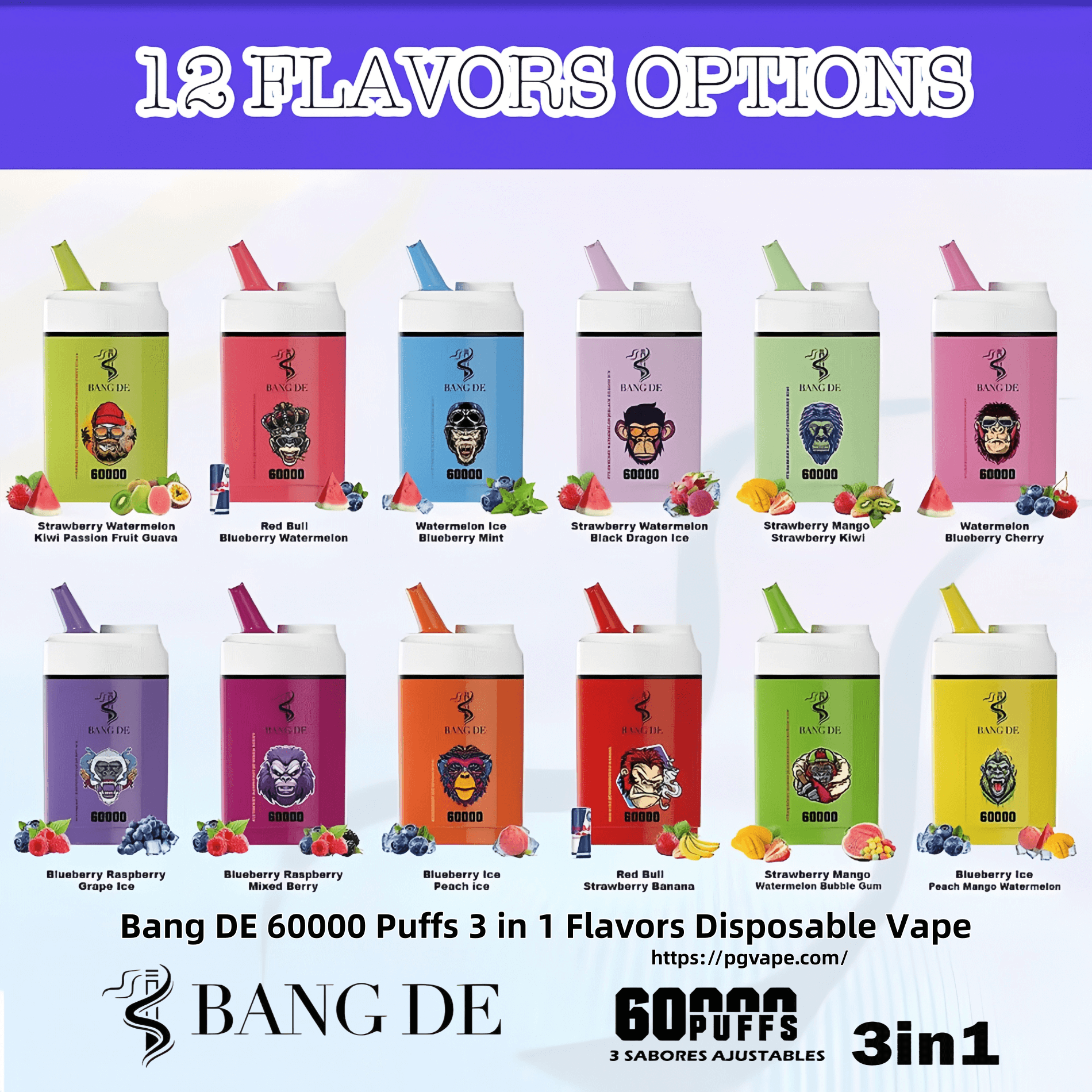 Twelve colorful Bang DE disposable vape devices displayed under a purple banner reading "12 FLAVORS OPTIONS," each labeled with different fruit-based flavor names and icons, with branding that advertises 60,000 puffs and a 3-in-1 adjustable flavors feature.