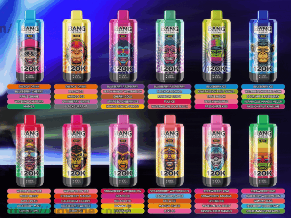 Twelve brightly colored disposable vape-style cans arranged in a grid, each featuring distinctive character artwork and 'BANG' branding with prominent '120K' labels and multicolored flavor-name strips beneath, set against a neon gradient background.
