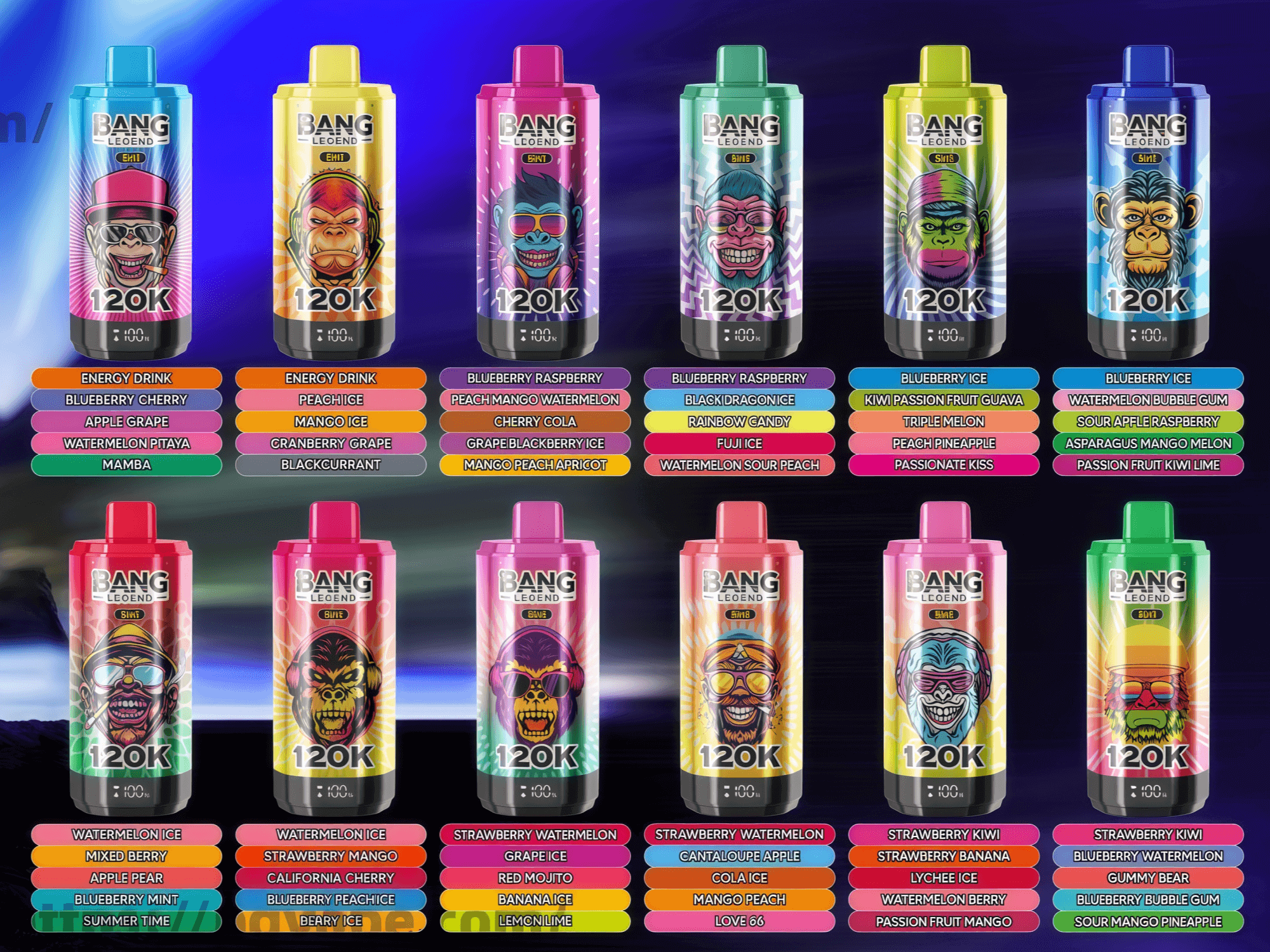 Twelve brightly colored disposable vape-style cans arranged in a grid, each featuring distinctive character artwork and 'BANG' branding with prominent '120K' labels and multicolored flavor-name strips beneath, set against a neon gradient background.