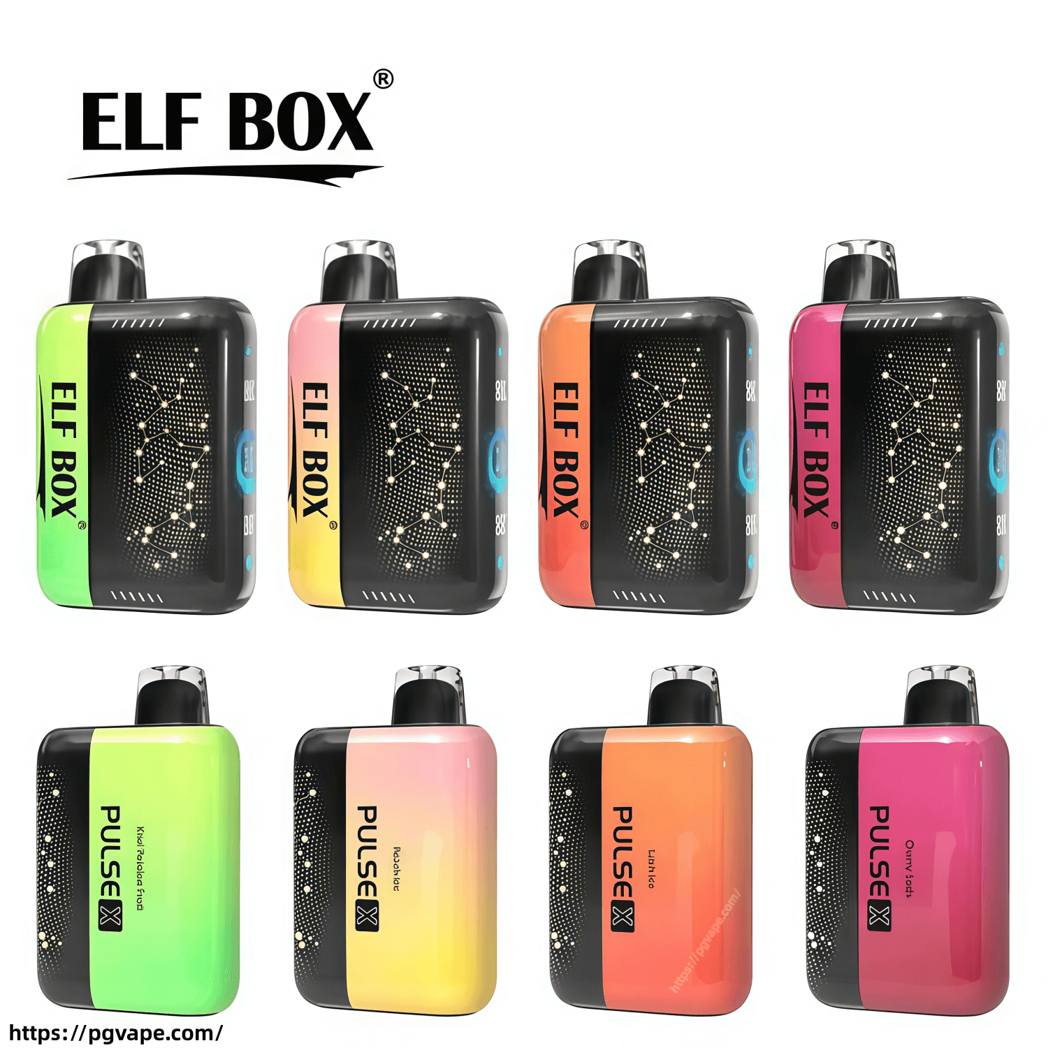 ELF BOX logo at top left above eight compact rectangular Pulse X vape devices in neon green, gradient yellow‑pink, orange and magenta arranged in two rows, each showing a black front panel with a constellation‑like LED pattern, side branding and a top mouthpiece.