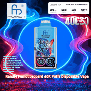 Dispositivo vaporizador descartável Blue Fumot Leopard 40K centrado em um fundo de fumaça rodopiante azul neon e rosa, apresentando uma ilustração estilizada de leopardo, duas leituras digitais circulares e texto indicando 40.000 baforadas, bateria de 700 mAh, bobinas de malha dupla e carregamento tipo C.