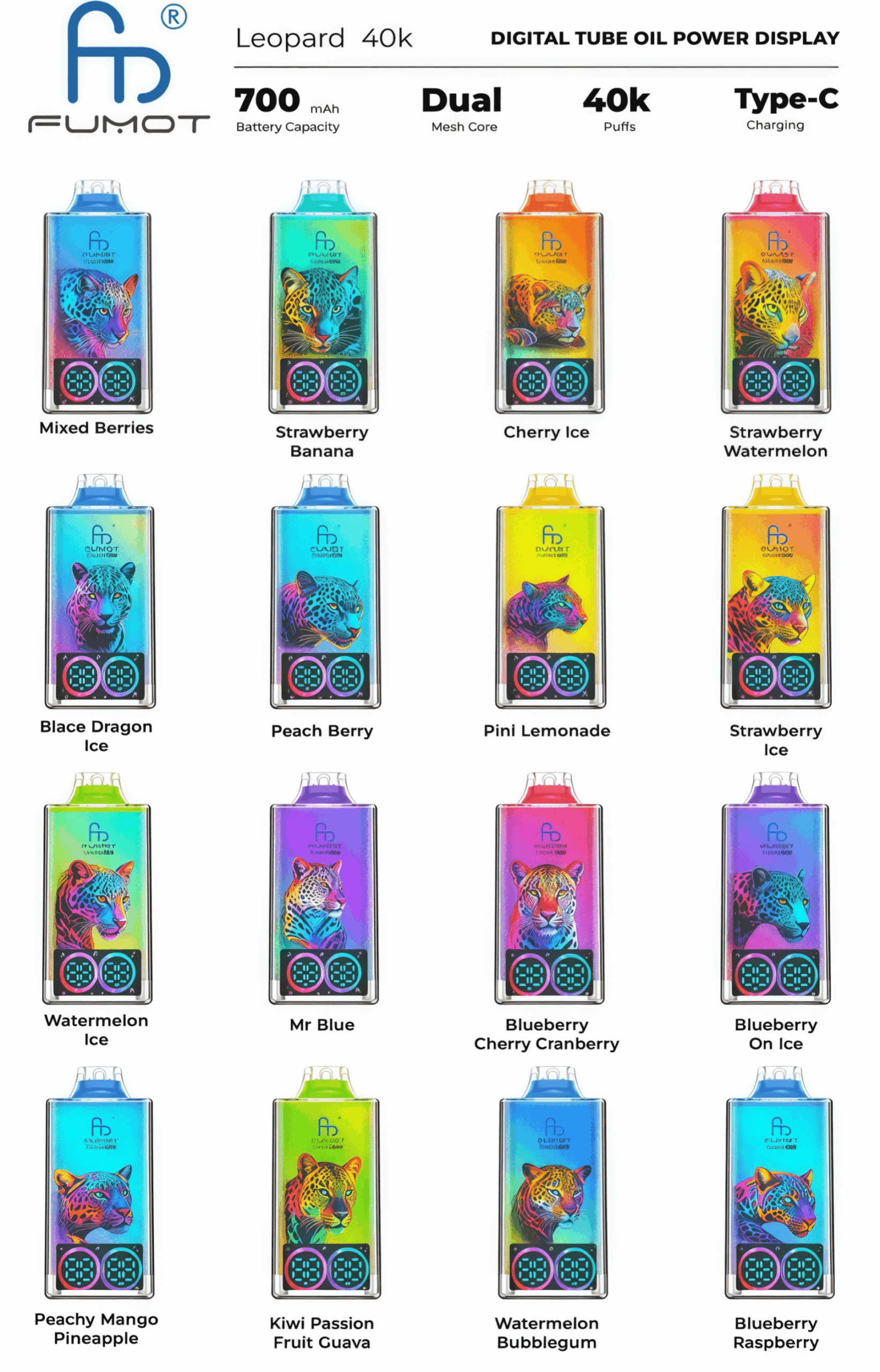Product sheet showing 16 colorful FUMOT Leopard 40k disposable vape devices with neon leopard artwork and flavor labels arranged in a four-by-four grid, with a header listing specs: 700 mAh battery capacity, dual mesh core, 40k puffs and Type-C charging.