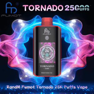Vape descartável Fumot Tornado preto e vermelho centralizado com um pequeno display circular colorido mostrando '24 W' e o texto do modelo 'Tornado 25000 Watermelon Ice', cercado por fumaça azul neon e rosa em um fundo escuro com texto grande 'TORNADO 25 PUFFS' na parte superior.