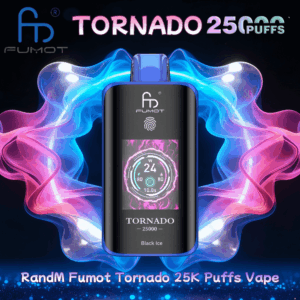 Elegante vape descartável Fumot Tornado preto com um display central colorido onde se lê '24' e rotulado 'Tornado 25000 Black Ice', centralizado contra vapor vibrante em azul e rosa e texto do produto anunciando baforadas de 25K.