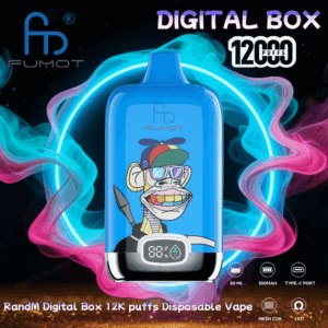 Dispositivo vape descartável azul brilhante rotulado como AUMOT apresentando um macaco de desenho animado colorido com óculos de sol e um chapéu de hélice, um display digital de contagem de baforadas na frente, cercado por anéis de vapor neon rosa e verde-azulado e texto publicitário Caixa Digital de 12.000 baforadas.