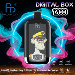 Vape descartável Black Fumot 'Digital Box' com um gráfico de macaco de boné de marinheiro e display LED frontal, mostrado contra anéis de fumaça azul neon e rosa com texto indicando 12.000 baforadas.