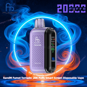 Vape descartável RandM Fumot Tornado roxo com uma tela inteligente preta mostrando ícones de bateria e puff centrados contra um anel de fumaça azul e laranja brilhante e fundo estrelado, com um grande texto roxo "20K PUFFS" no canto superior direito.