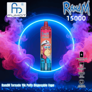 Um vape descartável RandM Tornado de 15.000 baforadas apresentando um macaco de desenho animado usando óculos escuros e um chapéu de marinheiro centralizado dentro de um anel de néon azul brilhante, cercado por nuvens de vapor rosa e roxas, com o logotipo Fumot no canto superior esquerdo, texto '15000' no canto superior direito e ícones à direita indicando 850mAh recarregável, reservatório de 25ml, USB-C e fluxo de ar ajustável.