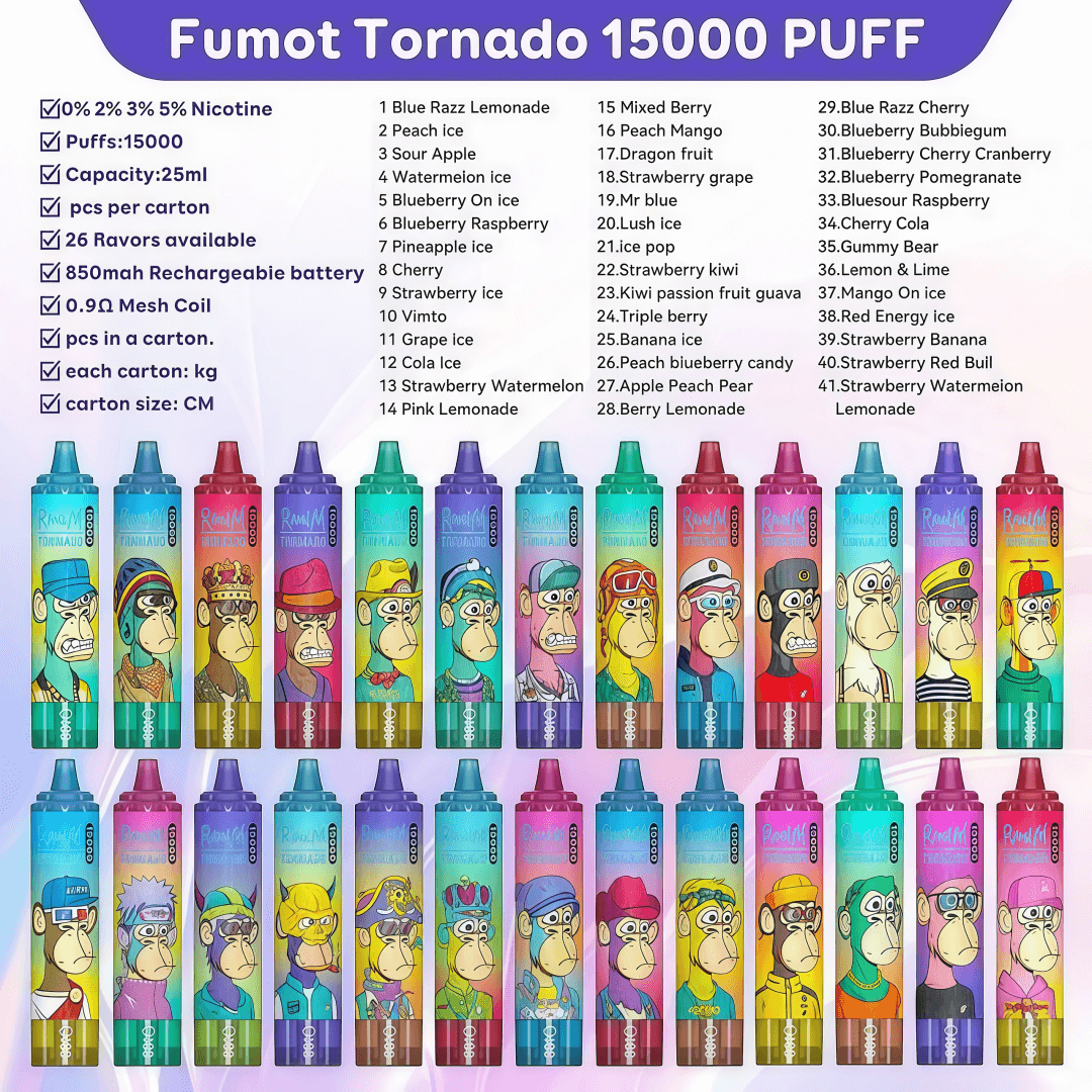 Promotional poster for Fumot Tornado 15000 PUFF disposable vapes showing rows of colorful devices each with a cartoon ape character, a block of product specs (15000 puffs, 25ml capacity, 0–5% nicotine options, 850mAh rechargeable battery, 0.9Ω mesh coil) and a numbered list of many flavor names like Blue Razz Lemonade, Peach Ice, Watermelon Ice, Strawberry Watermelon, Blueberry, Mango and more.