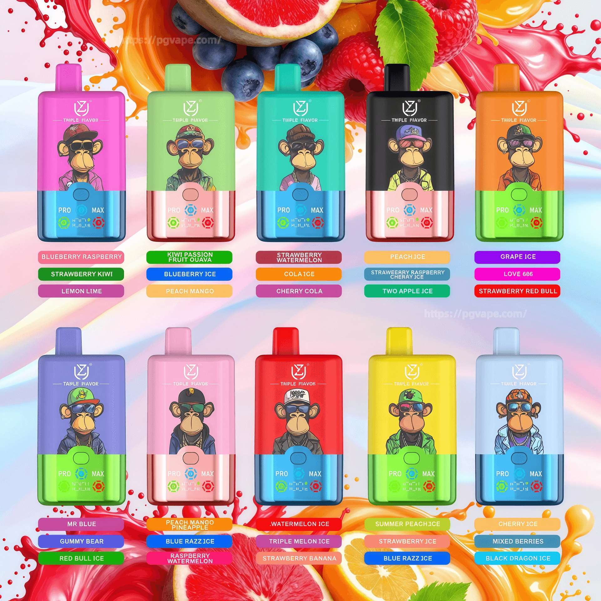 Ten brightly colored disposable vape devices arranged in two rows, each featuring a cartoon ape logo and distinctive color blocks, with labeled flavor tags and vivid fruit-splash backgrounds showing berries, citrus, watermelon and other fruit imagery.