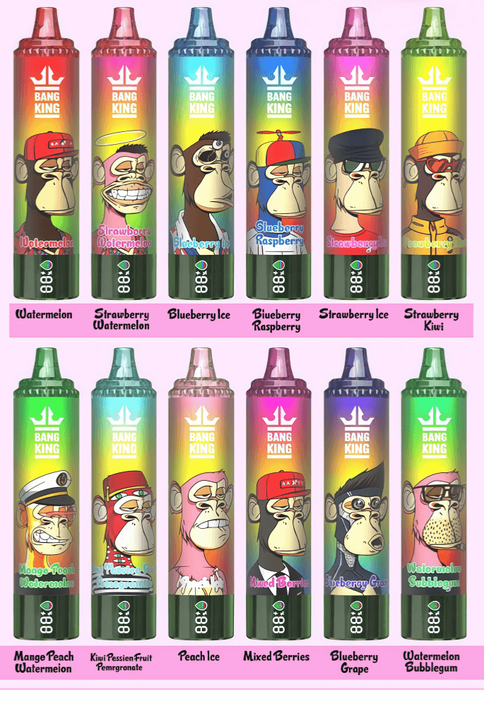Twelve colorful 'Bang King' disposable vape devices arranged in two rows of six, each with a gradient background, crown logo and a unique cartoon ape wearing different hats or accessories, labeled with flavors like Watermelon, Strawberry Watermelon, Blueberry Ice, Blueberry Raspberry, Strawberry Ice, Strawberry Kiwi, Mango Peach Watermelon, Kiwi Passion Fruit Pomegranate, Peach Ice, Mixed Berries, Blueberry Grape, and Watermelon Bubblegum against a pale pink background.