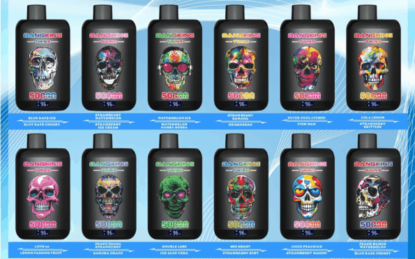 Twelve black disposable vape devices arranged in two rows against a blue gradient background, each featuring a colorful skull illustration, 'BANGKING TWINS' branding, a prominent '5000' puff label, and small flavor names printed beneath.
