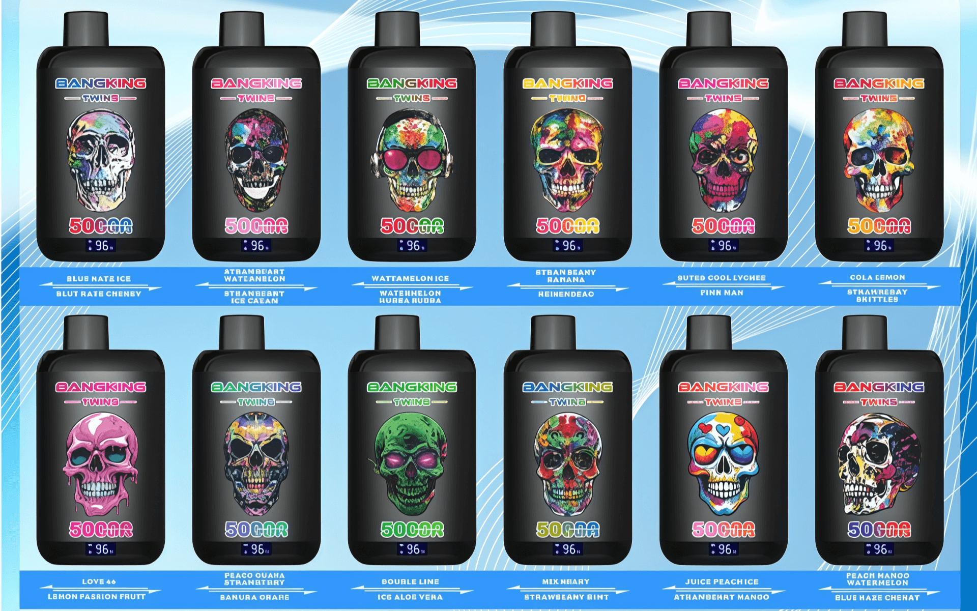 Twelve black disposable vape devices arranged in two rows against a blue gradient background, each featuring a colorful skull illustration, 'BANGKING TWINS' branding, a prominent '5000' puff label, and small flavor names printed beneath.