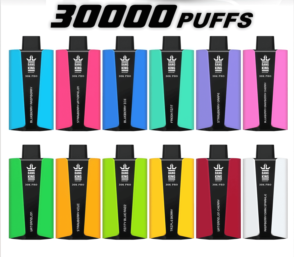 Twelve colorful Bang King 30K Pro disposable vape devices with black mouthpieces and central black logo panels, arranged in two rows beneath a large "30000 PUFFS" headline.