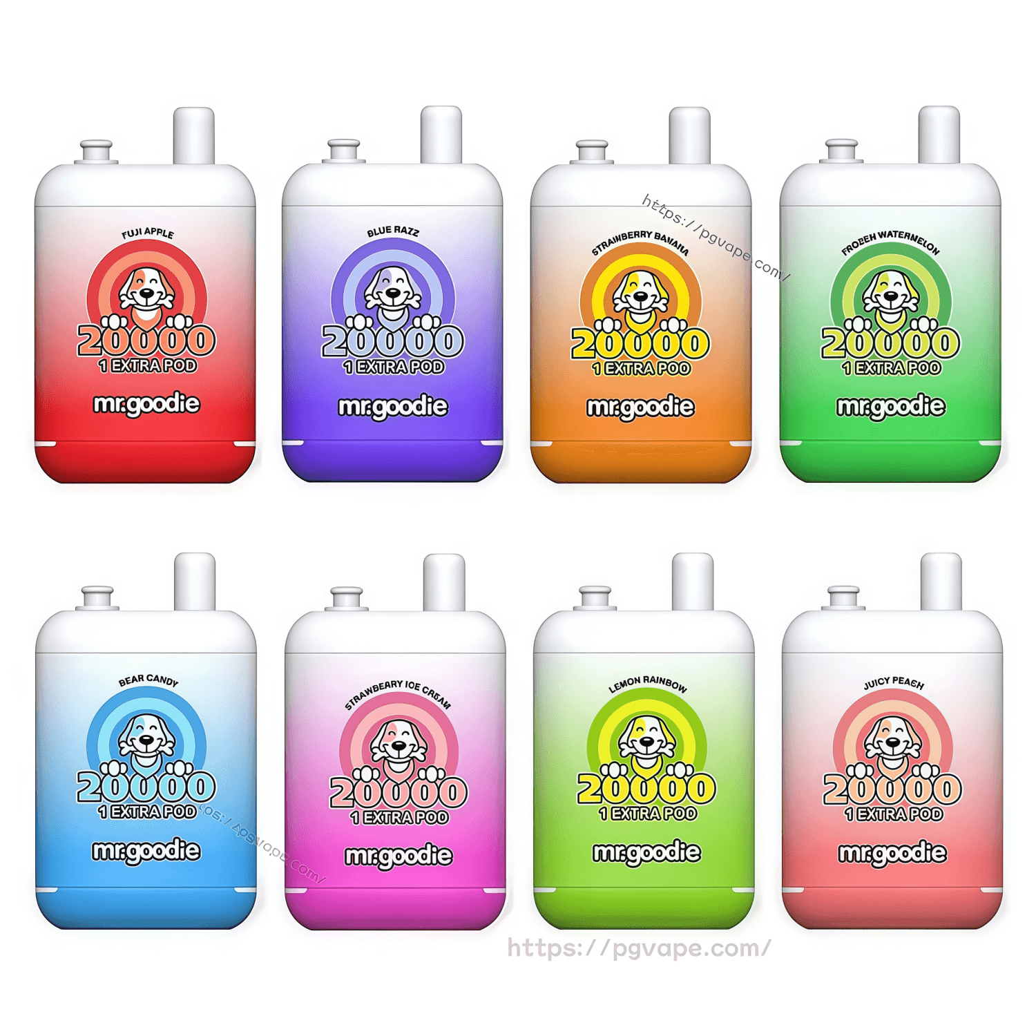 Eight colorful disposable vape pods arranged in two rows of four, each with a rounded white top, a smiling dog logo and the "mr.goodie 20,000 1 extra pod" label; top row flavors left to right: Fuji Apple (red), Blue Razz (purple), Strawberry Banana (orange), Frozen Watermelon (green); bottom row: Bear Candy (blue), Strawberry Ice Cream (pink), Lemon Rainbow (lime), Juicy Peach (peach).
