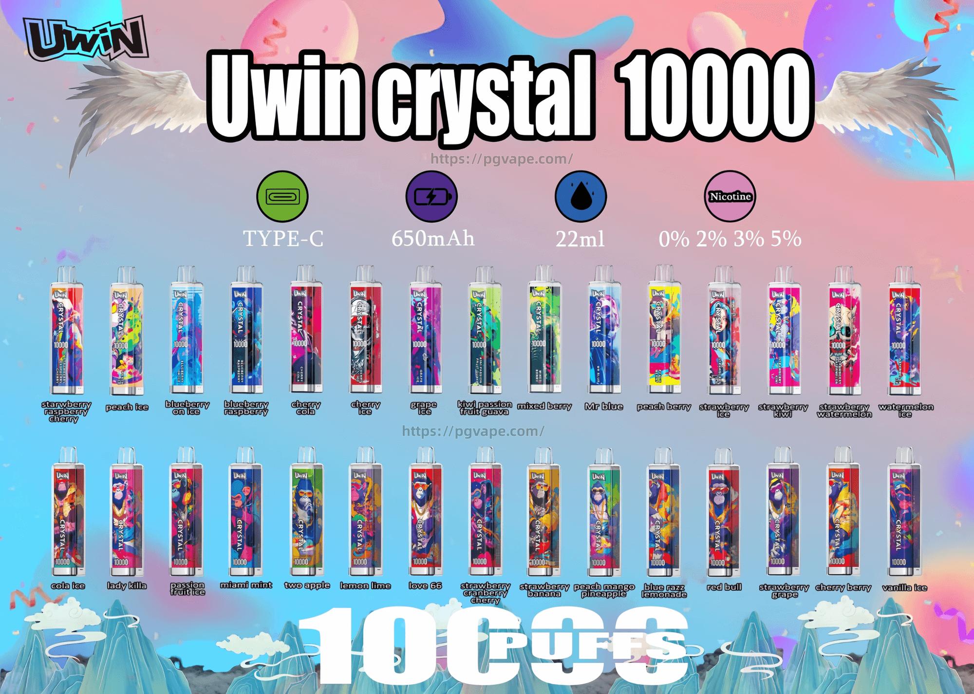 Colorful advertisement for Uwin Crystal 10000 disposable vapes showing the large product name and wings on a pastel gradient background, icons noting Type-C, 650mAh, 22ml and 0–5% nicotine, and two rows of dozens of brightly patterned vape devices labeled with various fruit and dessert flavors and a prominent “10,000 puffs” text at the bottom.