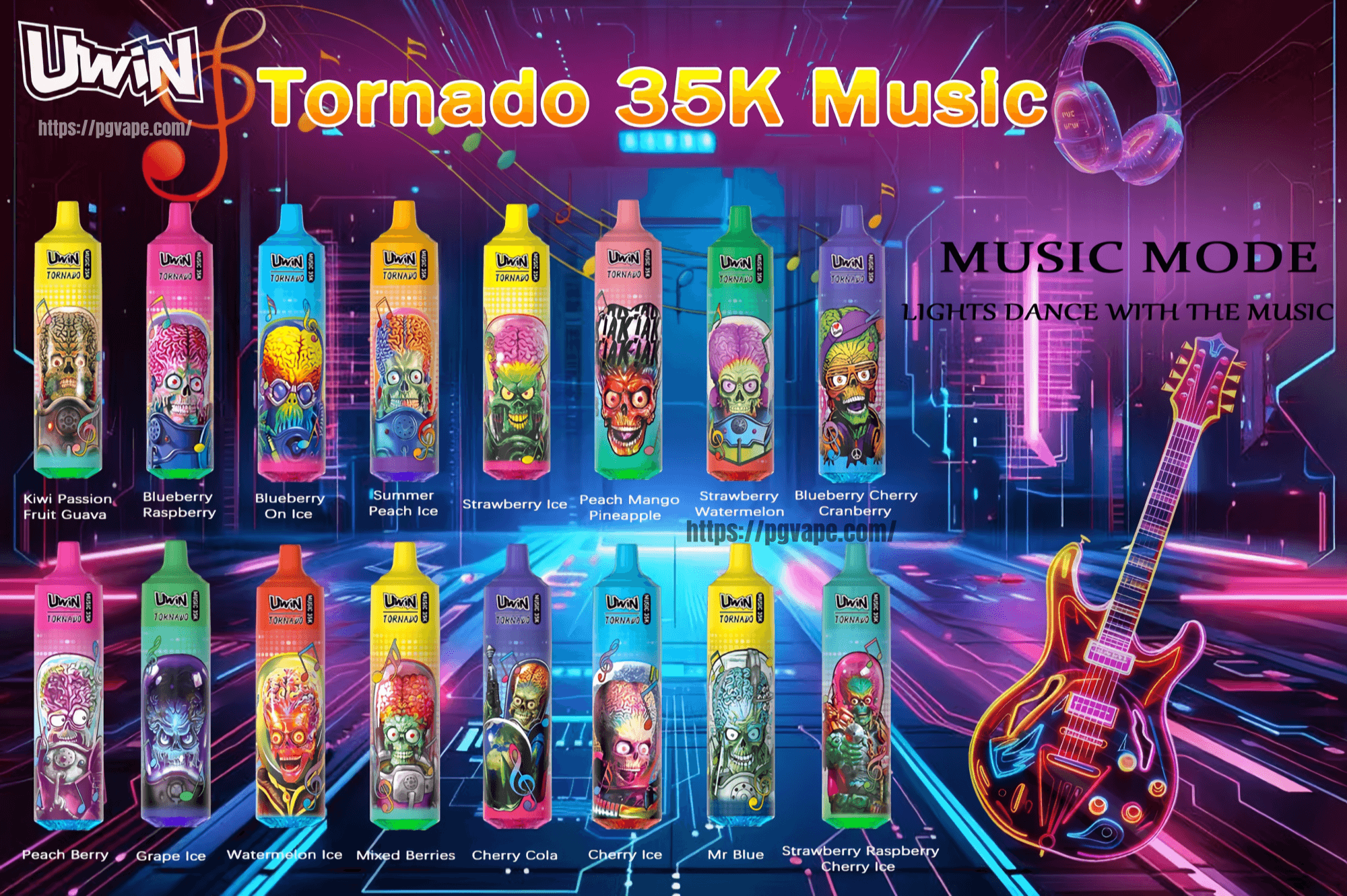 Neon music-themed banner for Uwin Tornado 35K Music showing a row of colorful disposable vape devices with illustrated skull and character artwork and flavor labels, set against a glowing stage background with a neon electric guitar, headphones, and the slogan "Music Mode — lights dance with the music".