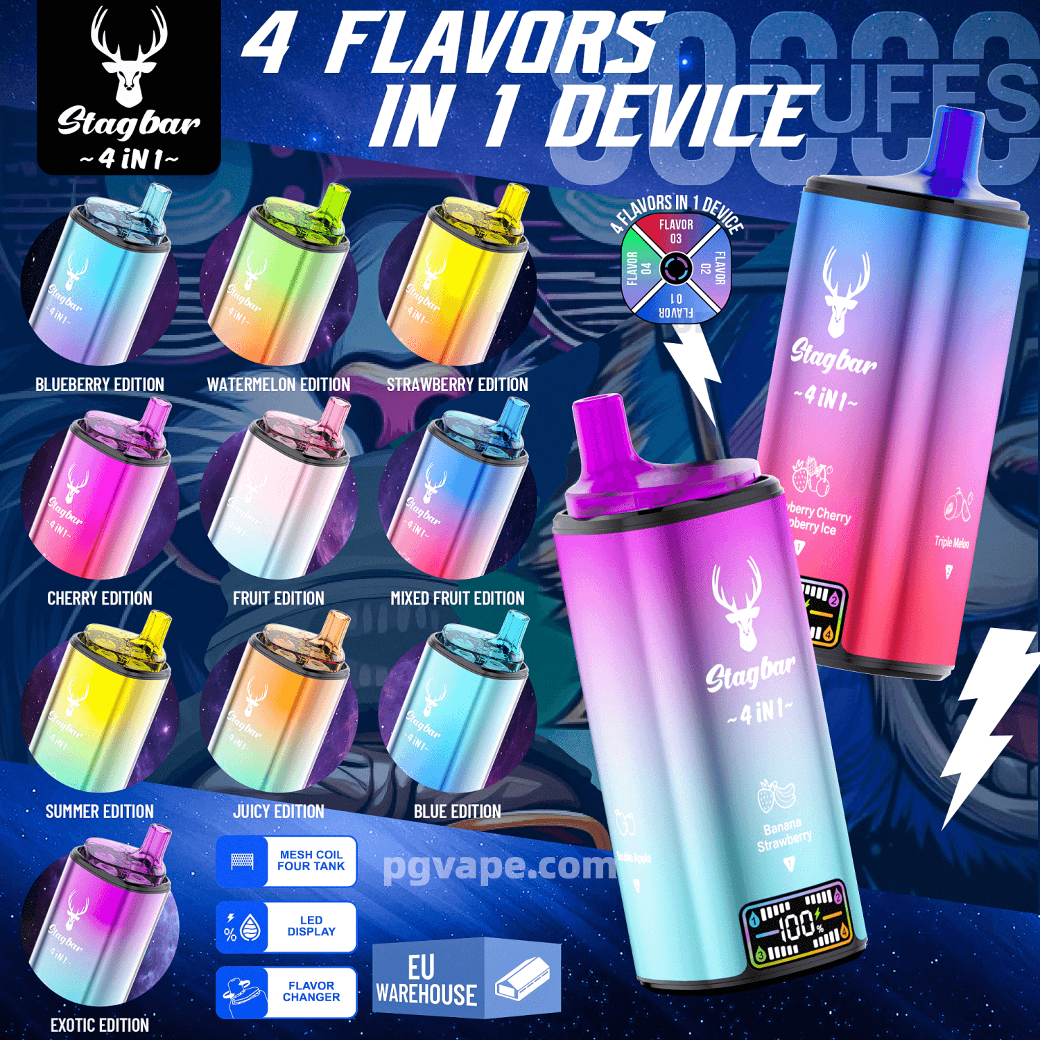 Colorful promotional image for the Stagbar 4-in-1 vape showing a large gradient-finish device with a deer logo and digital LED display in the foreground and ten smaller labeled flavor editions (Blueberry, Watermelon, Strawberry, Cherry, Fruit, Mixed Fruit, Summer, Juicy, Blue, Exotic) arranged behind, plus bold text '4 FLAVORS IN 1 DEVICE', a flavor-selector graphic, feature icons (mesh coil, LED display, flavor changer), EU warehouse badge and a pgvape.com watermark.