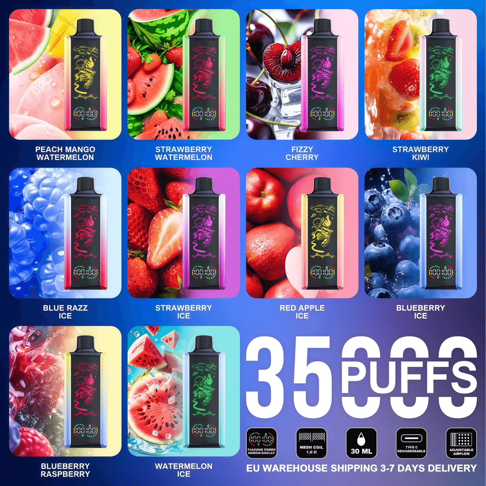 Promotional collage of twelve colorful disposable vape devices set against fruit backgrounds and labeled with flavor names, centered around a large "35,000 PUFFS" claim and icons noting 30 mL, mesh coil, USB-C recharge and EU warehouse shipping 3–7 day delivery.