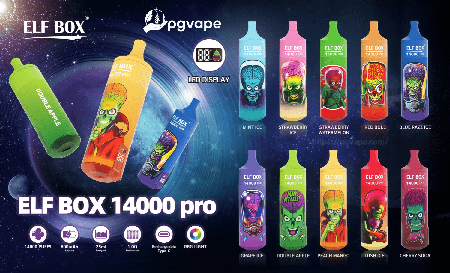 Promotional poster for ELF BOX 14000 pro disposable vapes featuring multiple colorful cylindrical devices with cartoon alien artwork and labeled flavors (Mint Ice, Strawberry Ice, Strawberry Watermelon, Red Bull, Blue Razz Ice, Grape Ice, Double Apple, Peach Mango, Lush Ice, Cherry Soda), brand logos, an LED display icon and product spec icons (14000 puffs, 600mAh battery, 25ml e-liquid, 1.0Ω pod, rechargeable Type‑C, RGB light) on a cosmic starfield background.