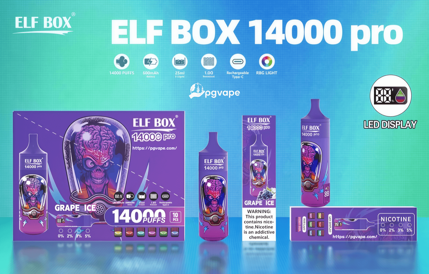Purple ELF BOX 14000 Pro disposable vape and boxed packaging labeled "Grape Ice" featuring a stylized brain/skull illustration, with icons and text highlighting 14,000 puffs, 500mAh battery, 25ml e-liquid, Type‑C recharge, RGB light, LED display, nicotine strength options (0/2/3/5%) and a nicotine warning.