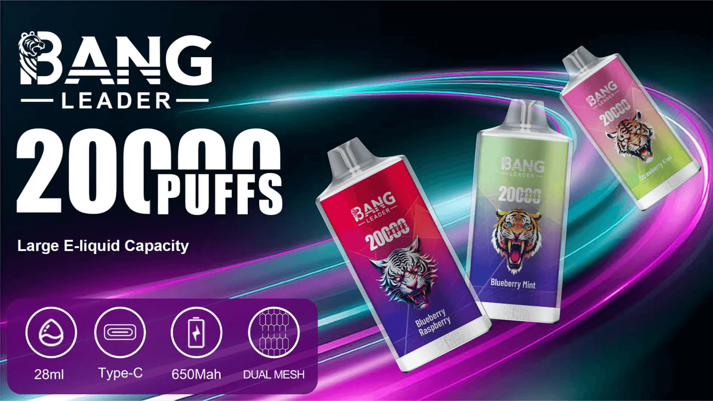 Advertisement showing three tilted Bang Leader disposable vape devices with tiger artwork and colorful gradient labels (Blueberry Raspberry, Blueberry Mint, Strawberry Kiwi), bold text reading 20000 PUFFS, and icons noting 28ml e-liquid, Type‑C charging, 650mAh battery and dual mesh, set against a neon swirl background.