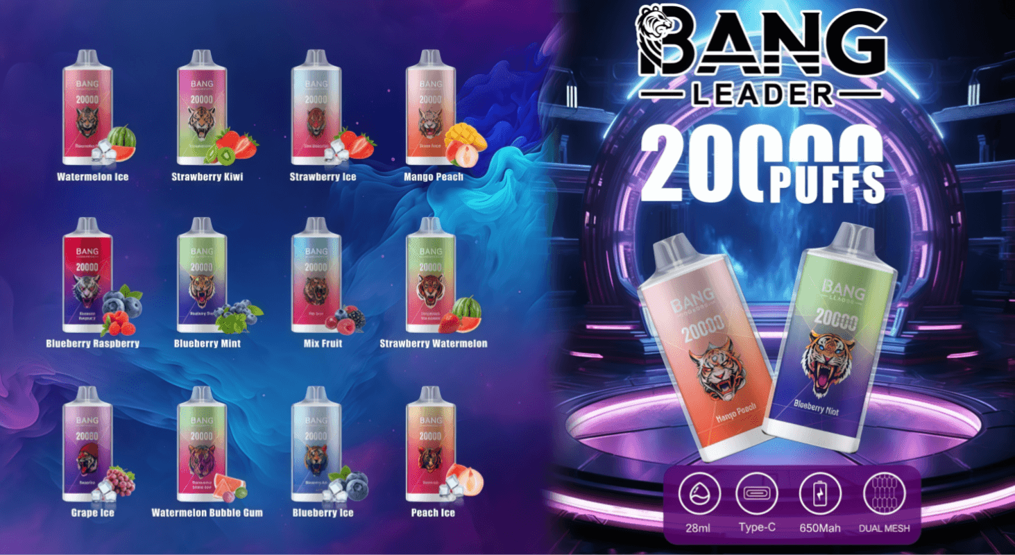 Promotional banner for BANG Leader 20000 puffs disposable vapes showing a grid of illustrated flavor cans on a purple‑blue smoky background and a neon stage on the right with two oversized vape cans, a large “20000 PUFFS” headline and icons indicating 28ml, Type‑C, 650mAh and dual mesh.