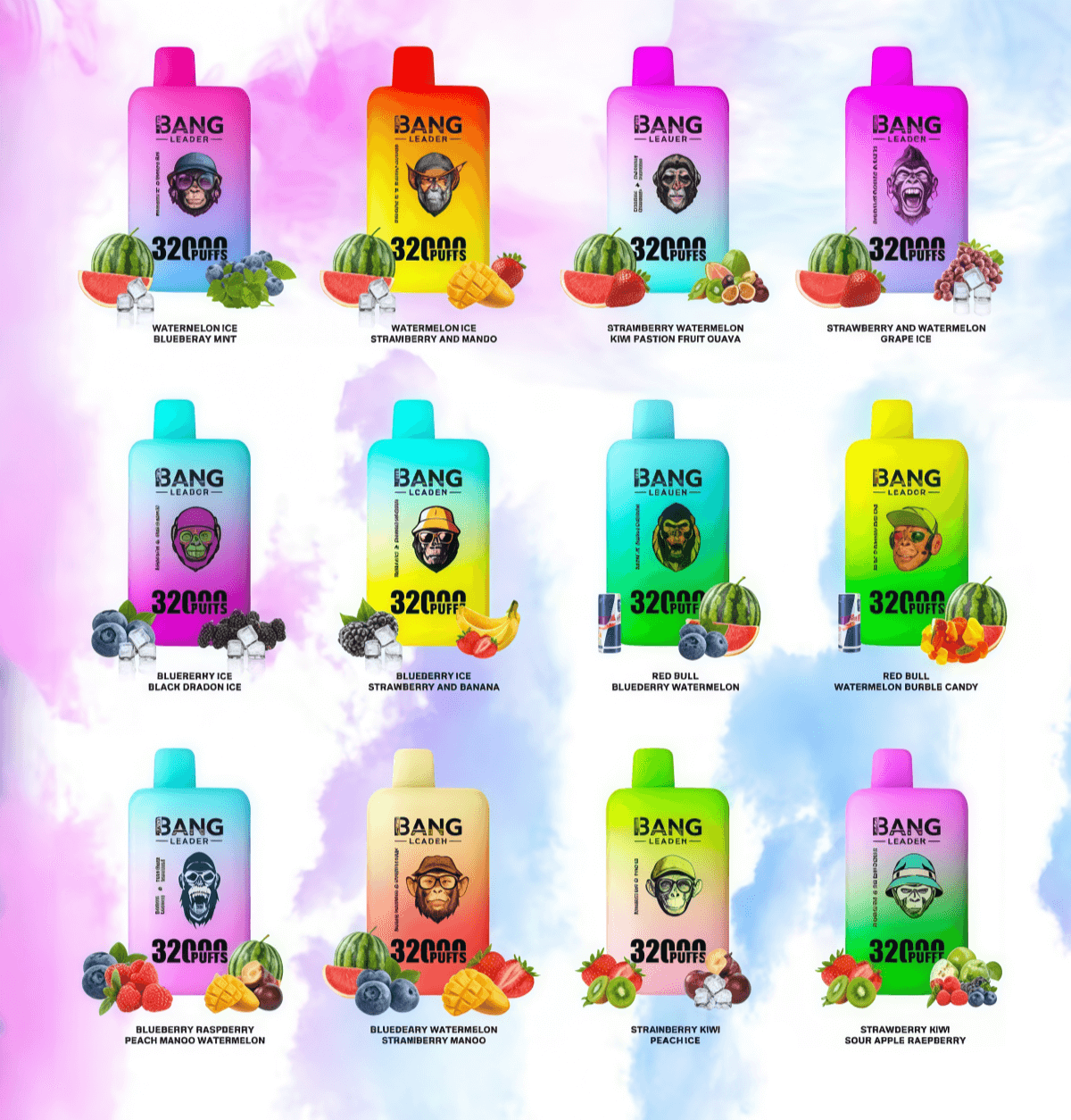 Twelve brightly colored gradient disposable vape pouches arranged in a 3x4 grid, each labeled BANG Leader 32000 puffs and paired with fruit, ice or energy drink icons indicating flavors like watermelon, blueberry, strawberry, mango, kiwi, grape, banana and Red Bull, set against a soft pink-and-blue cloudy background.