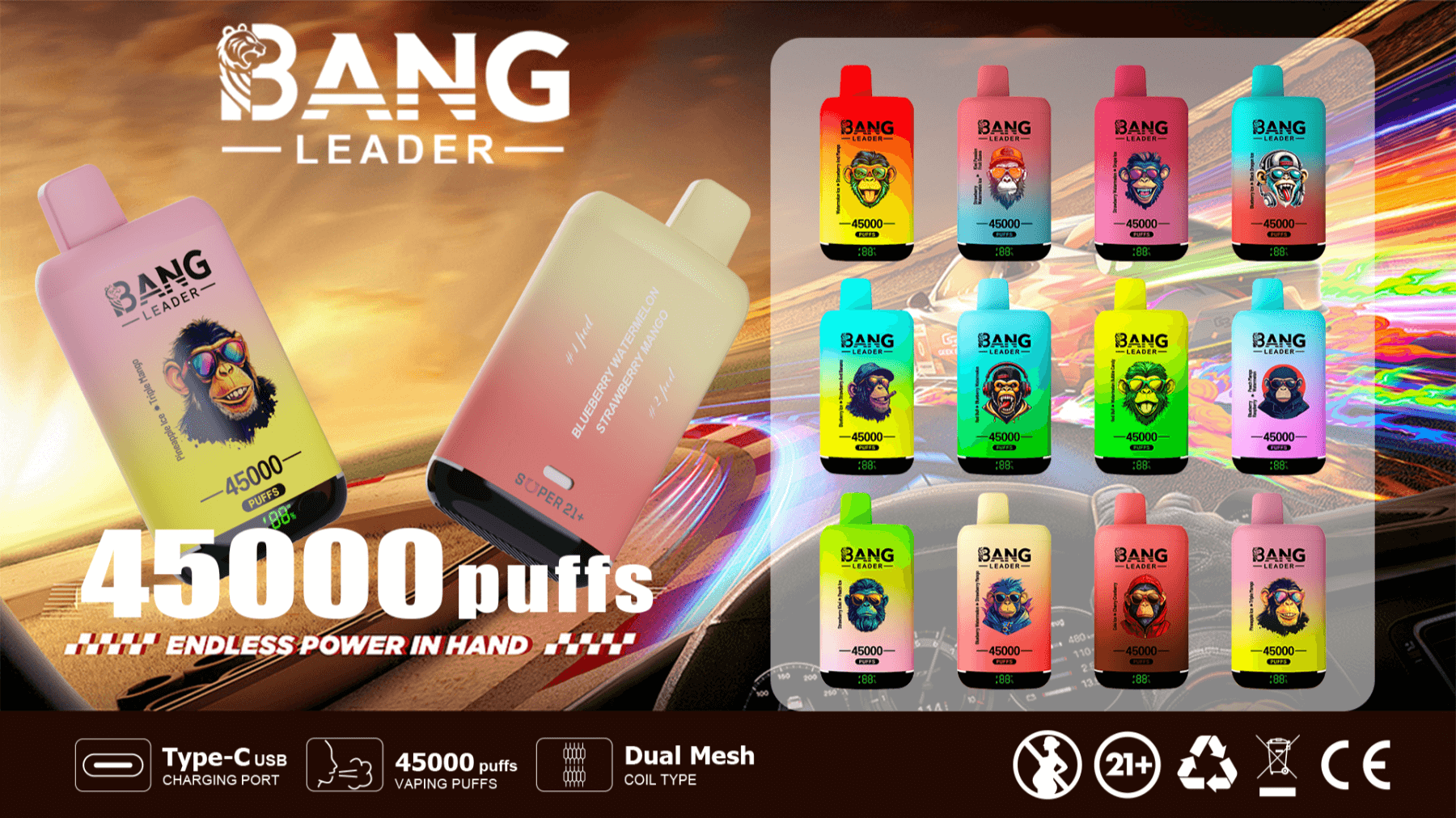 Advertisement for Bang Leader disposable vape devices showing two large gradient-colored units and a grid of twelve smaller brightly colored vapes with stylized animal logos, bold text '45000 puffs' and the tagline 'Endless Power in Hand', plus icons for Type-C charging, dual mesh coil, 21+ age warning, recycling and CE certification against a motion-blurred racetrack background.