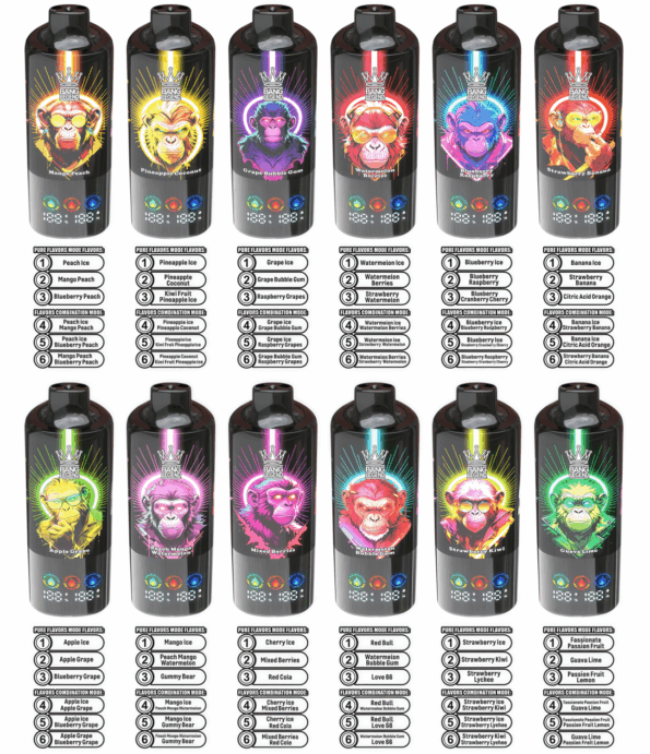 Twelve glossy black vape devices arranged in a grid, each labeled with a vibrant neon monkey illustration, distinct fruit-themed colors and flavor names, plus small icons and numbered flavor-combination guides printed beneath.