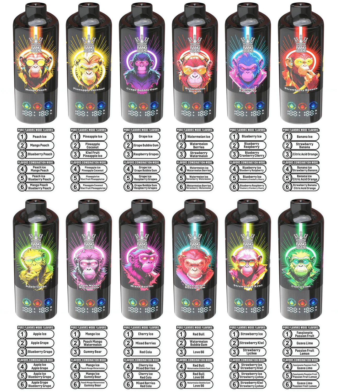Twelve glossy black vape devices arranged in a grid, each labeled with a vibrant neon monkey illustration, distinct fruit-themed colors and flavor names, plus small icons and numbered flavor-combination guides printed beneath.