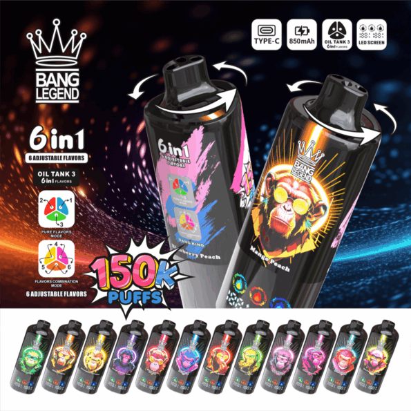 Promotional image for Bang Legend disposable vapes featuring two glossy black devices with neon monkey artwork, icons for Type-C, 850mAh battery, Oil Tank 3 and LED screen, text highlighting '6in1' adjustable flavors and '150K puffs', and a row of colorful flavor-varied devices along the bottom.