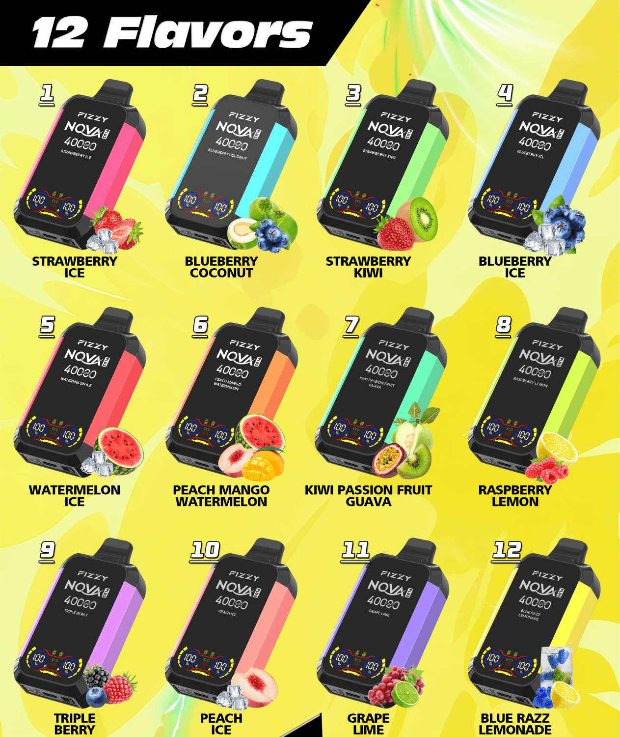 Poster titled "12 Flavors" showing twelve colorful Fizzy Nova 4000 vape devices arranged in a 3x4 grid on a yellow background, each numbered with a flavor name and matching fruit imagery: 1 Strawberry Ice, 2 Blueberry Coconut, 3 Strawberry Kiwi, 4 Blueberry Ice, 5 Watermelon Ice, 6 Peach Mango Watermelon, 7 Kiwi Passion Fruit Guava, 8 Raspberry Lemon, 9 Triple Berry, 10 Peach Ice, 11 Grape Lime, 12 Blue Razz Lemonade.
