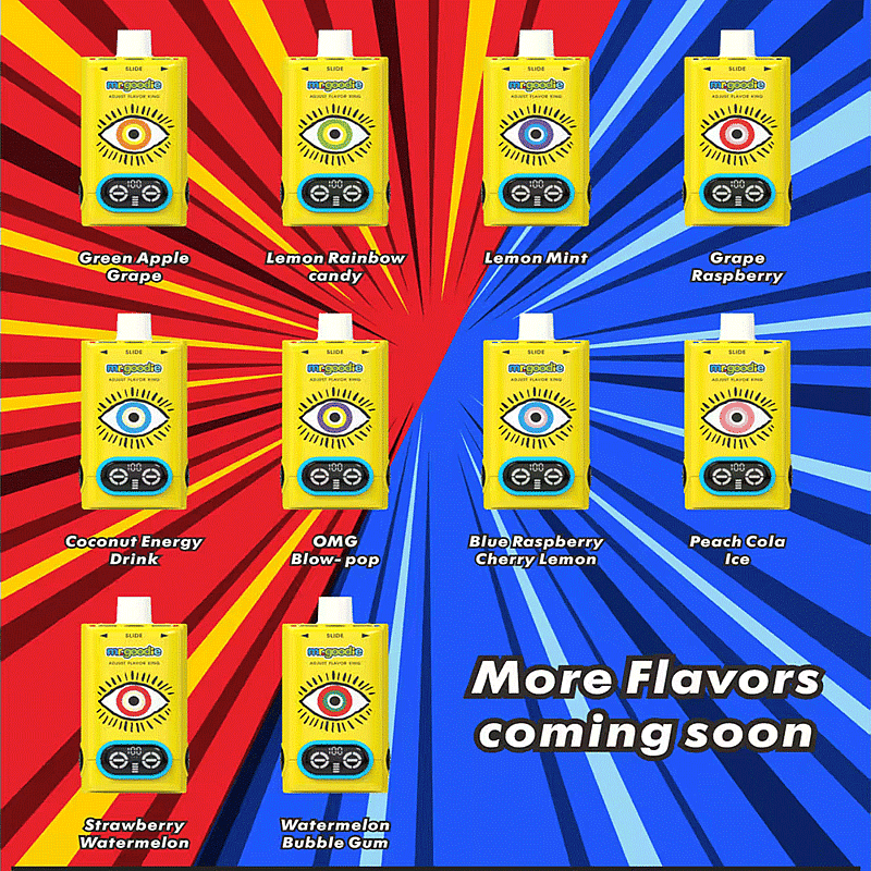 Promotional poster displaying ten yellow rectangular packages with an eye logo arranged on a split red-and-blue radial background, each labeled with flavors such as Green Apple Grape, Lemon Rainbow Candy, Lemon Mint, Grape Raspberry, Coconut Energy Drink, OMG Blow-pop, Blue Raspberry Cherry Lemon, Peach Cola Ice, Strawberry Watermelon and Watermelon Bubble Gum, with the text "More Flavors coming soon" in the lower right.