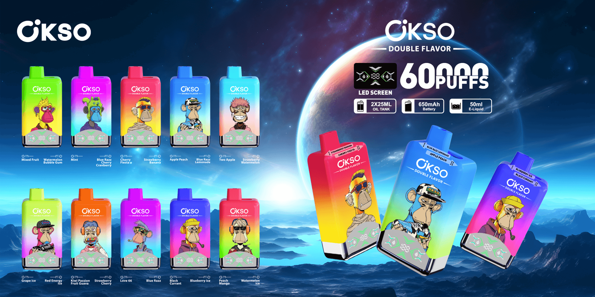 Colorful display of Okso Double Flavor disposable vape devices with cartoon ape artwork and flavor labels, highlighted product specs (60,000 puffs, LED screen, 2×25ml oil tank, 650mAh battery, 50ml e-liquid) against a stylized space and planet background.