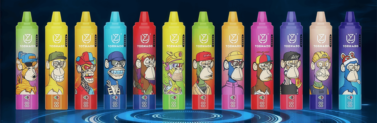 Row of thirteen brightly colored disposable vape devices standing upright, each featuring a unique cartoon ape illustration and distinct color gradient against a dark, futuristic circular-patterned background.