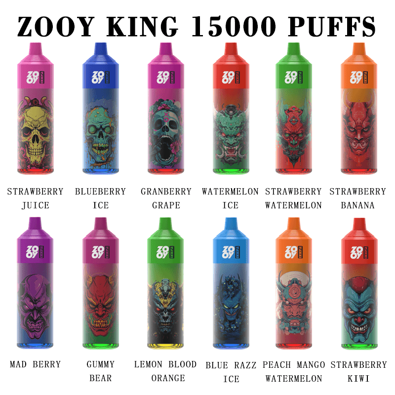 Promotional poster titled 'ZOOY KING 15000 PUFFS' showing a grid of twelve colorful disposable vape devices with skull and monster illustrations and flavor names labeled beneath each device.
