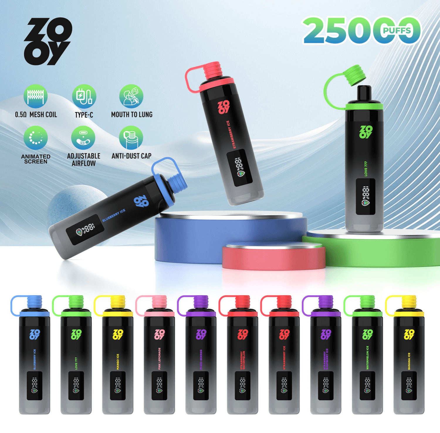 Array of black cylindrical disposable vape devices with translucent bottoms, small digital screens, colorful screw-on anti-dust caps and matching carry loops displayed in multiple color variants on circular podiums, with a ZOOY logo, feature icons and large "2500 puffs" text in the background.
